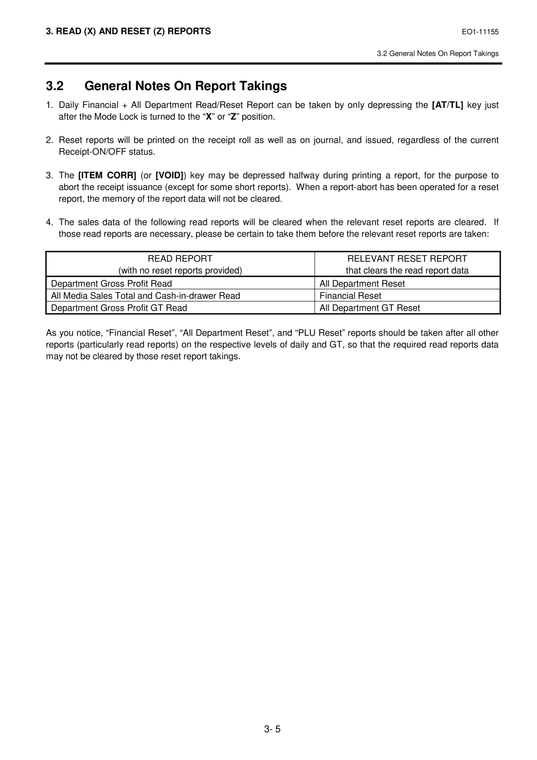 Toshiba MA-600-1 owner manual General Notes On Report Takings, Read Report Relevant Reset Report 