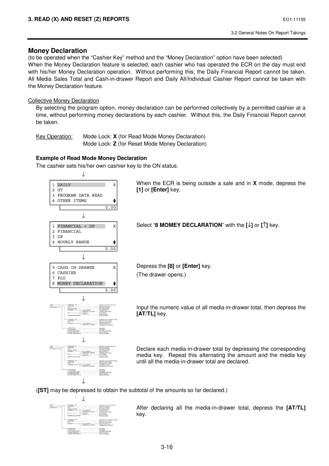 Toshiba MA-600-1 owner manual Example of Read Mode Money Declaration, Select 8 Momey Declaration with the ↓ or ↑ key 