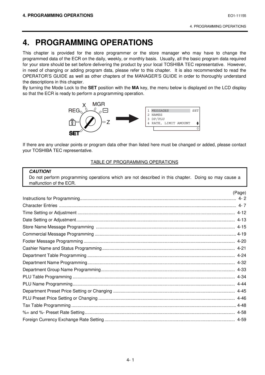 Toshiba MA-600-1 owner manual Table of Programming Operations 