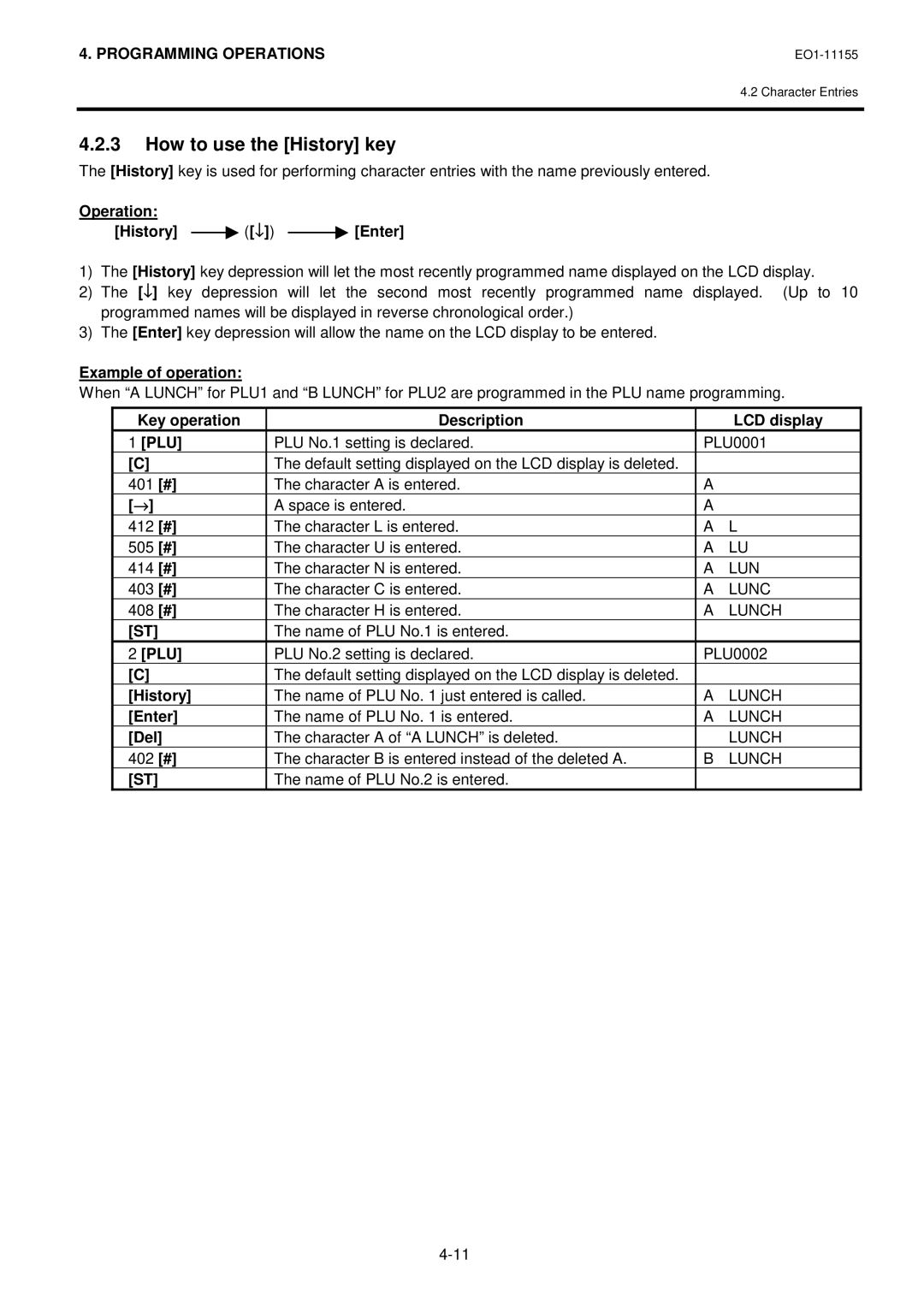 Toshiba MA-600-1 owner manual How to use the History key, Operation History ↓ Enter, Example of operation 