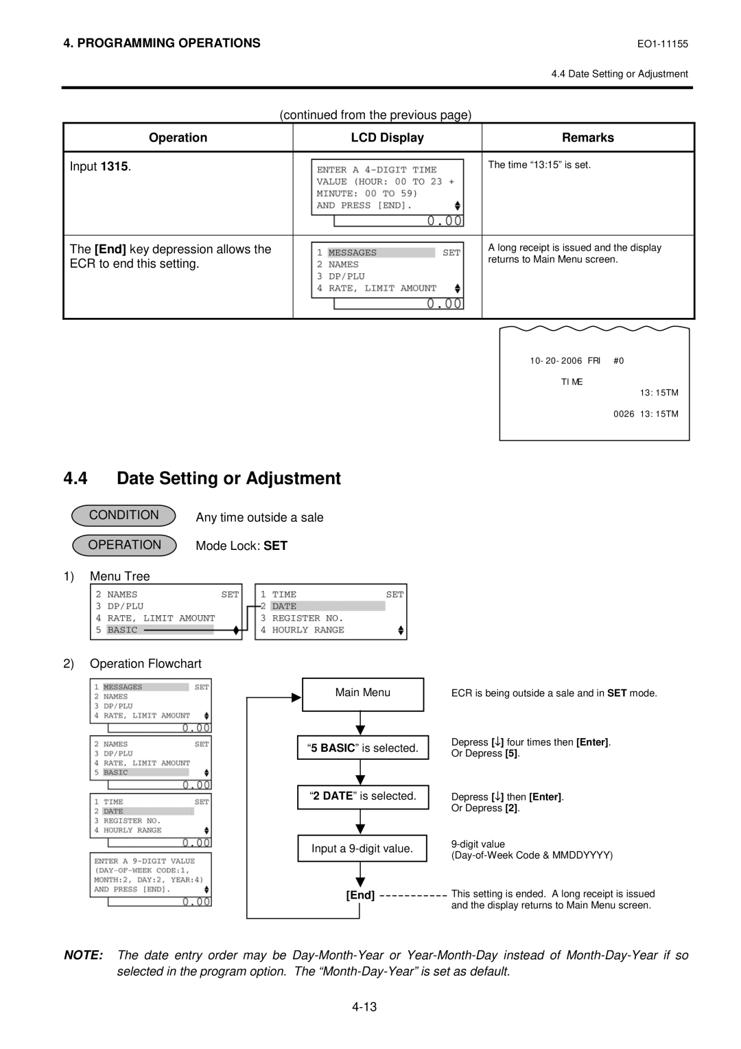 Toshiba MA-600-1 owner manual Date Setting or Adjustment, End key depression allows the ECR to end this setting 