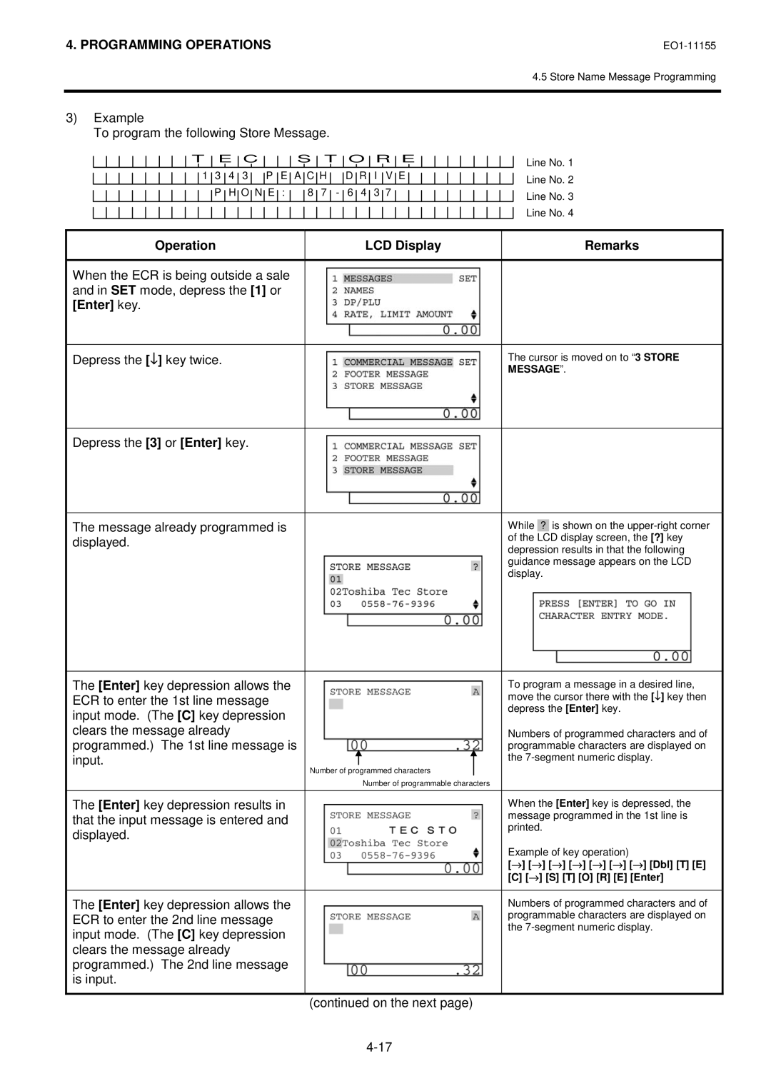 Toshiba MA-600-1 owner manual Example To program the following Store Message 