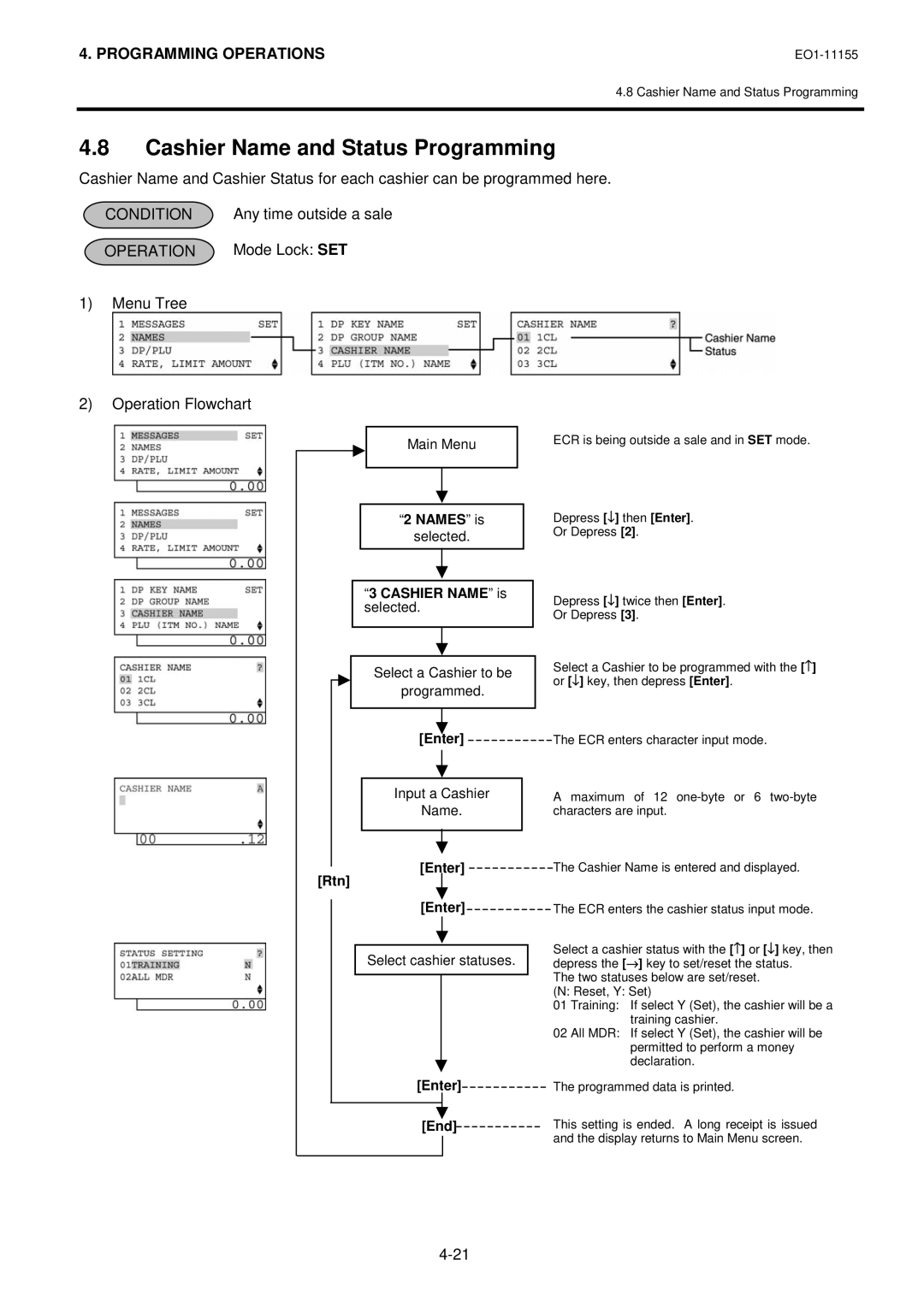 Toshiba MA-600-1 owner manual Cashier Name and Status Programming, Enter Rtn 