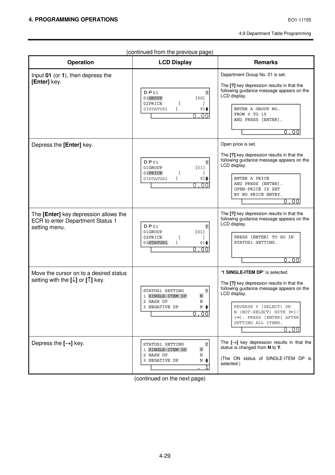 Toshiba MA-600-1 owner manual SINGLE-ITEM DP is selected 