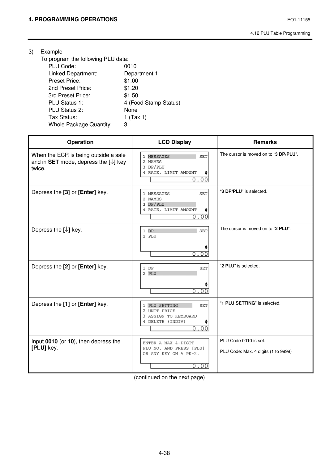 Toshiba MA-600-1 owner manual Input 0010 or 10, then depress the PLU key 