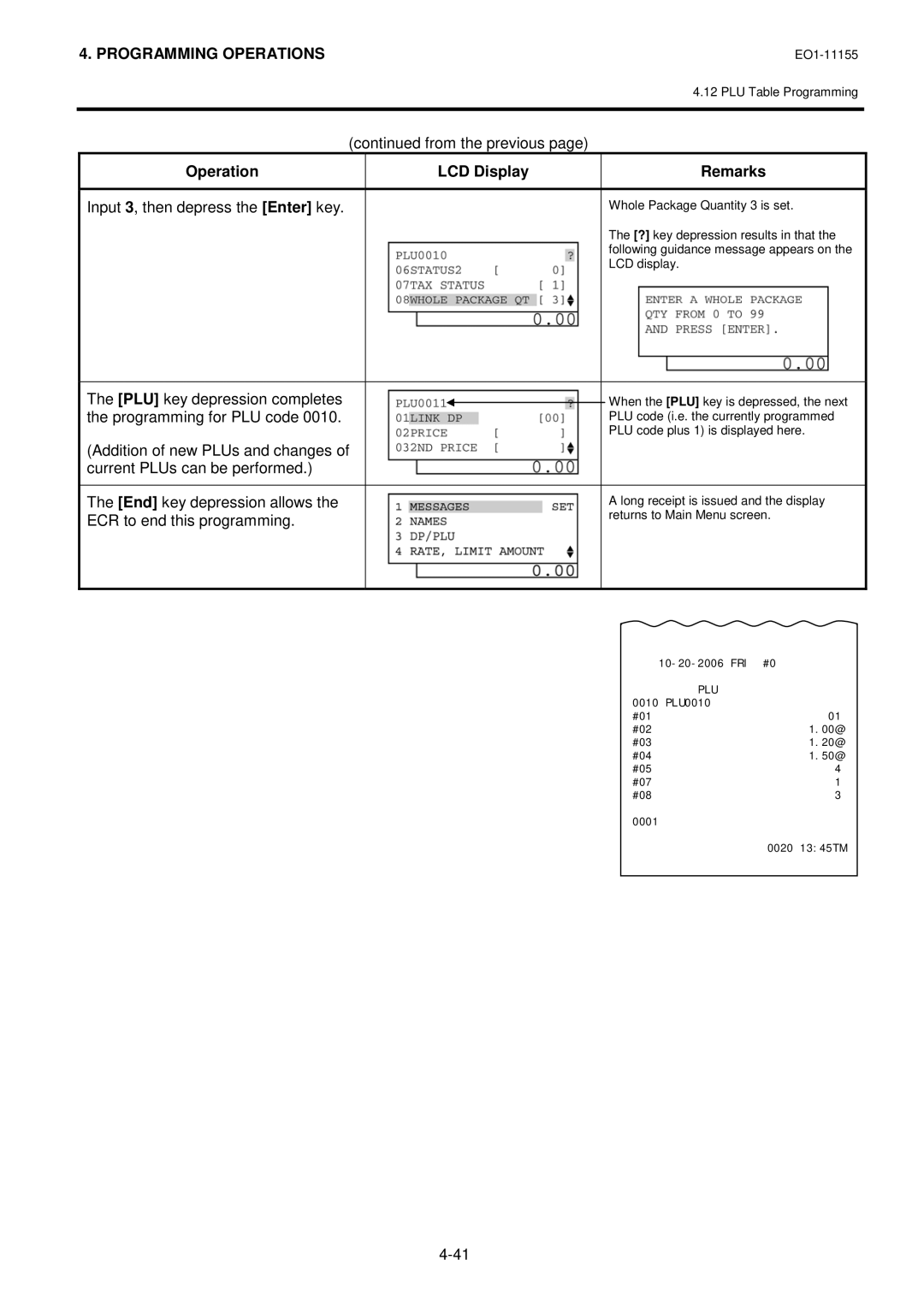 Toshiba MA-600-1 owner manual Operation LCD Display Remarks, Input 3, then depress the Enter key 