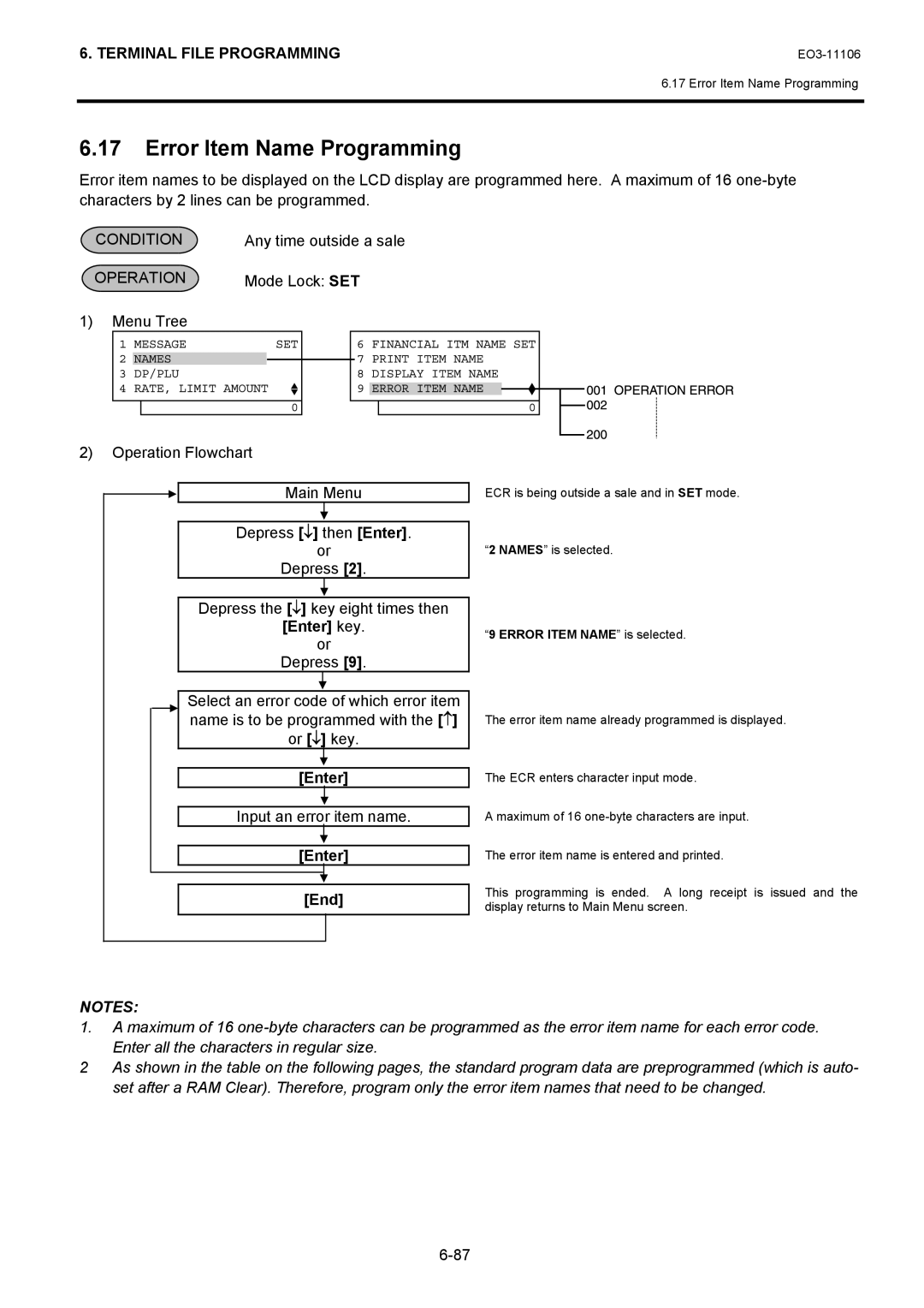 Toshiba MA-600 manual Error Item Name Programming, Input an error item name, Error Item Name is selected 