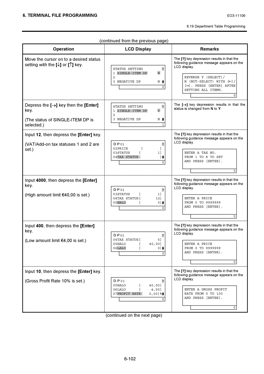 Toshiba MA-600 manual Move the cursor on to a desired status, Setting with the ↓ or ↑ key, Depress the → key then the Enter 