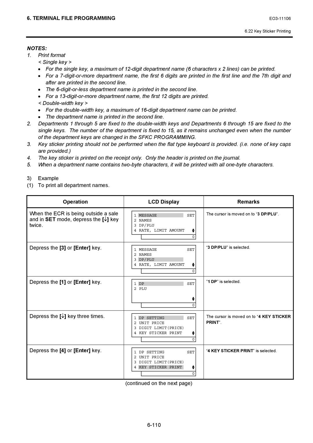 Toshiba MA-600 manual Example To print all department names, On the next 110 