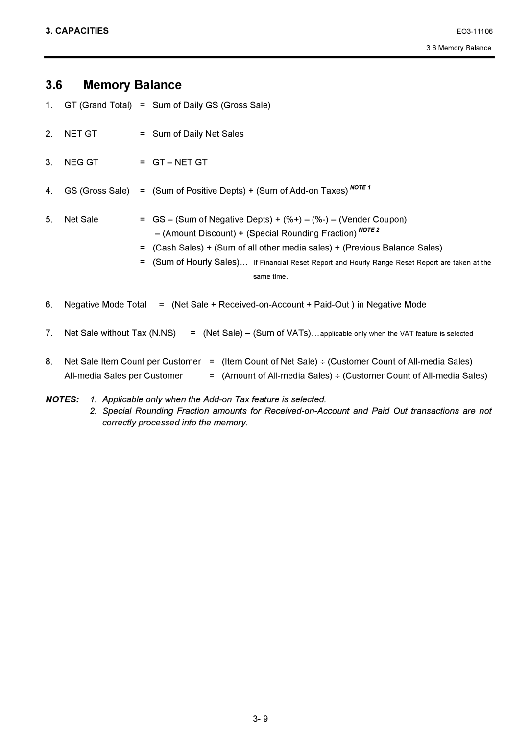Toshiba MA-600 manual Memory Balance, GT Grand Total = Sum of Daily GS Gross Sale, Sum of Daily Net Sales 