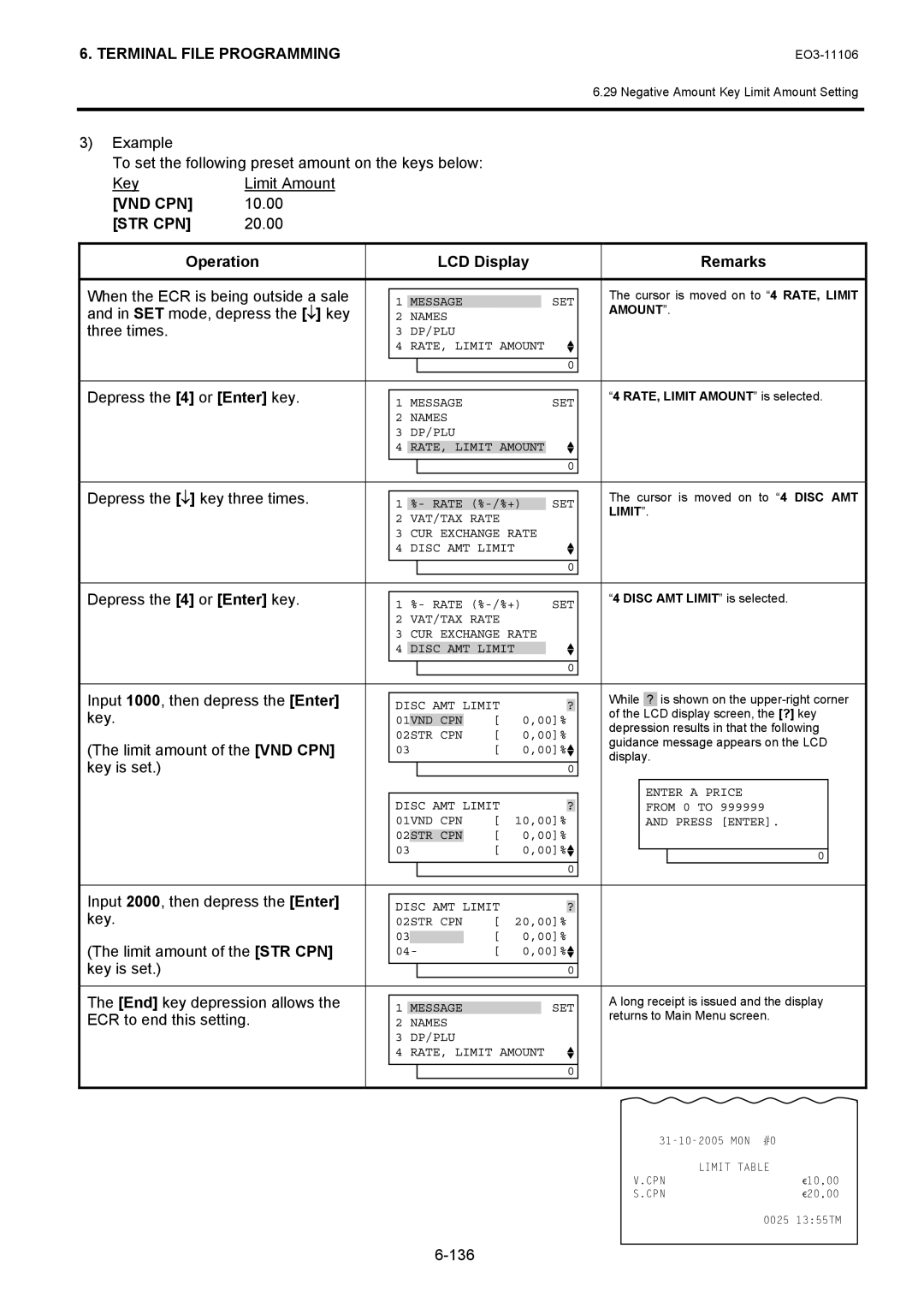 Toshiba MA-600 manual 10.00, 20.00, Input 1000, then depress the Enter, Limit amount of the VND CPN, 136 