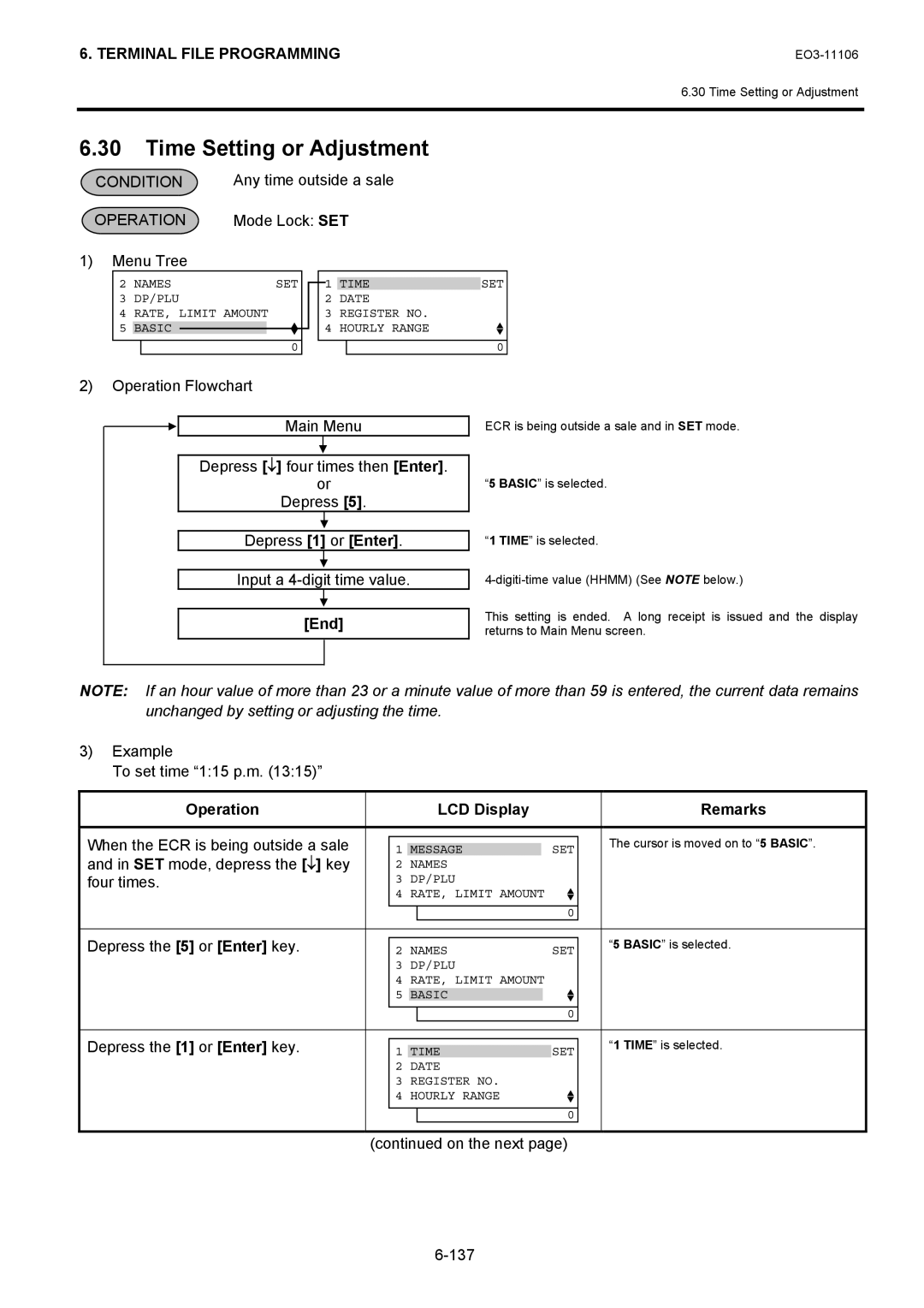 Toshiba MA-600 manual Time Setting or Adjustment, Example To set time 115 p.m, On the next 137 