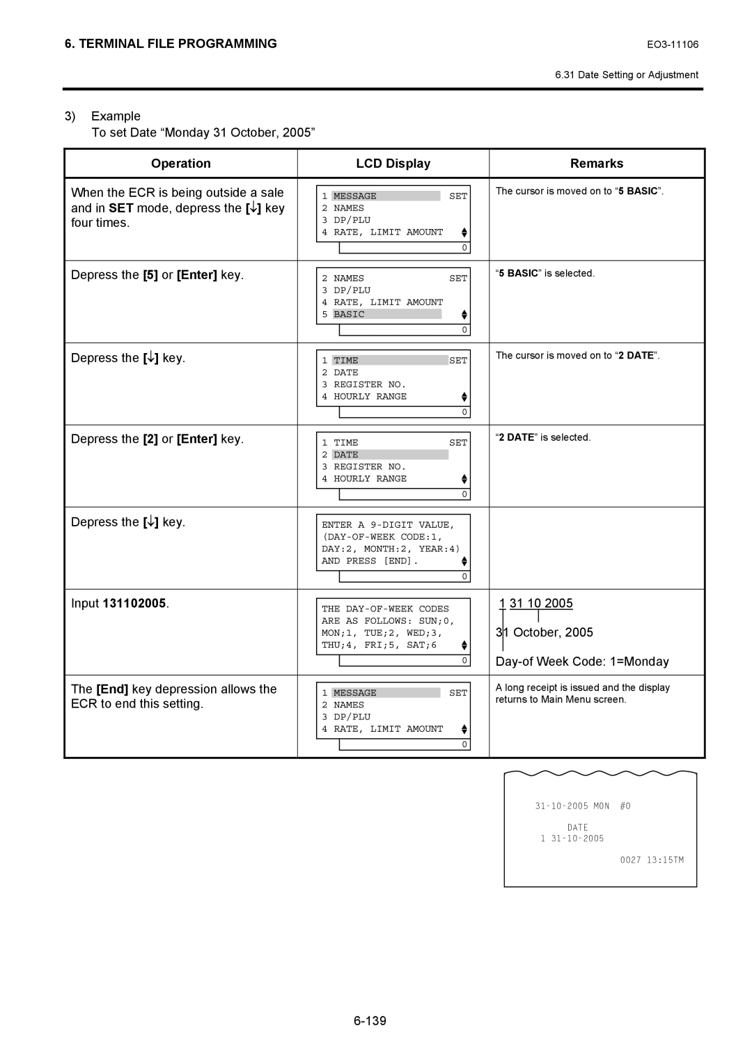 Toshiba MA-600 manual Example To set Date Monday 31 October, Input, 139 