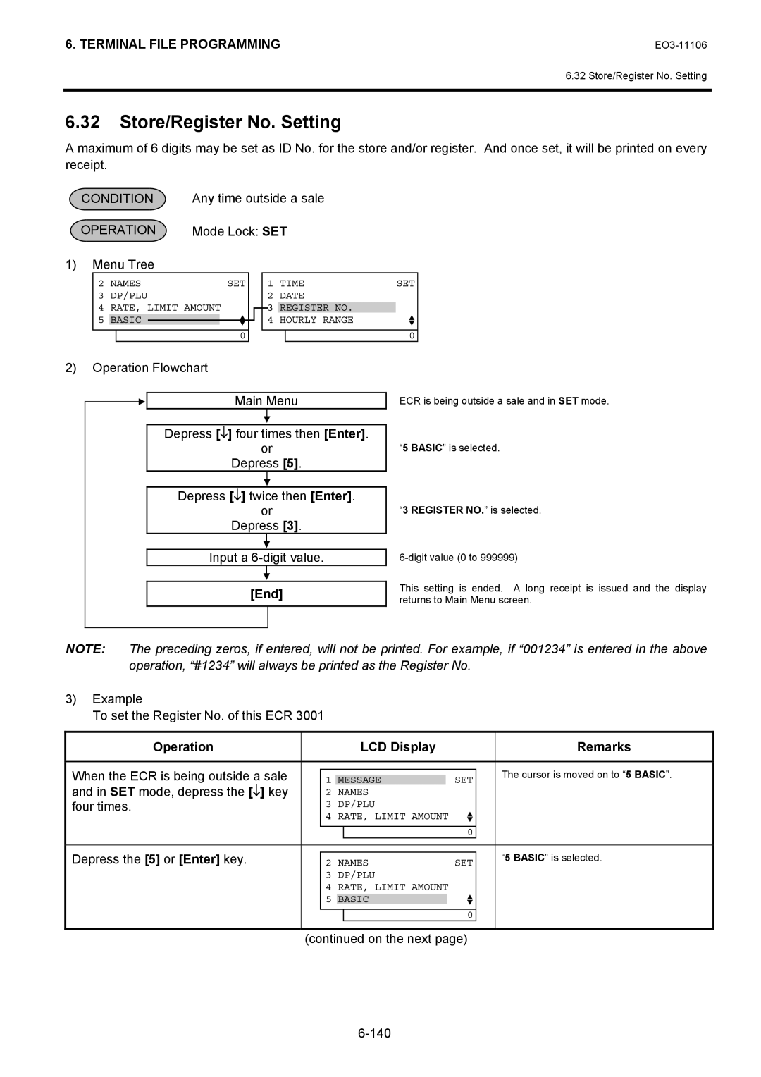 Toshiba MA-600 manual Store/Register No. Setting, Example To set the Register No. of this ECR, On the next 140 