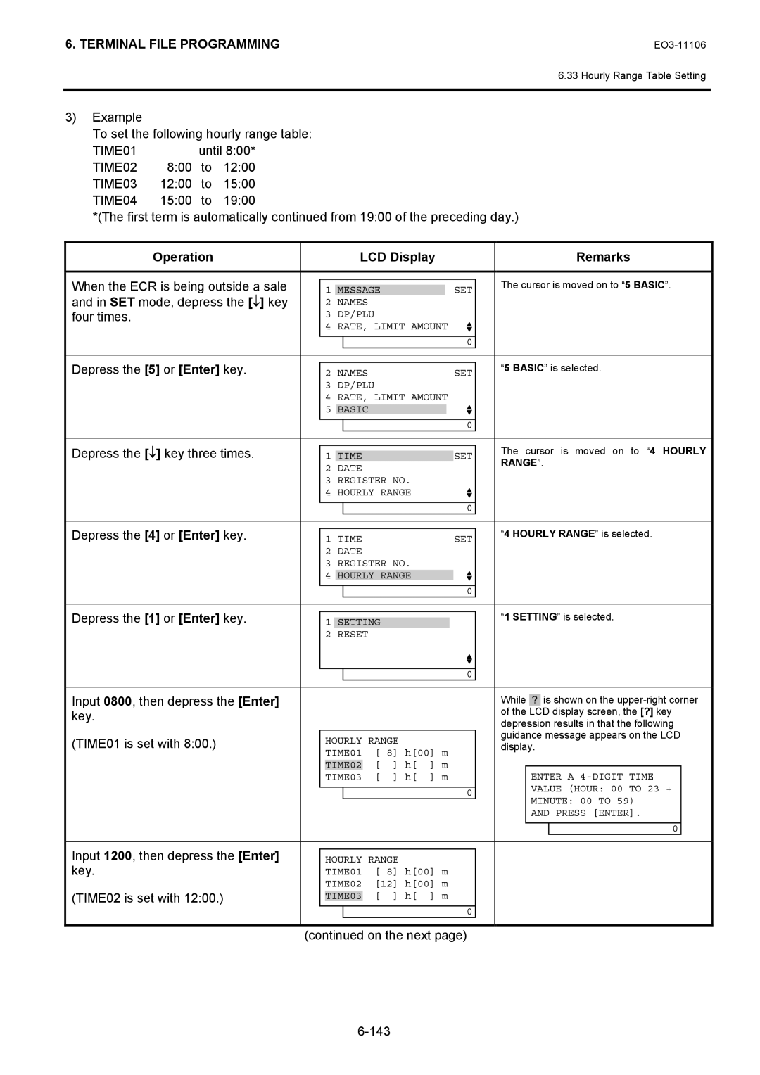 Toshiba MA-600 manual Example To set the following hourly range table, Until, 800 1200, 1200 1500, TIME01 is set with 