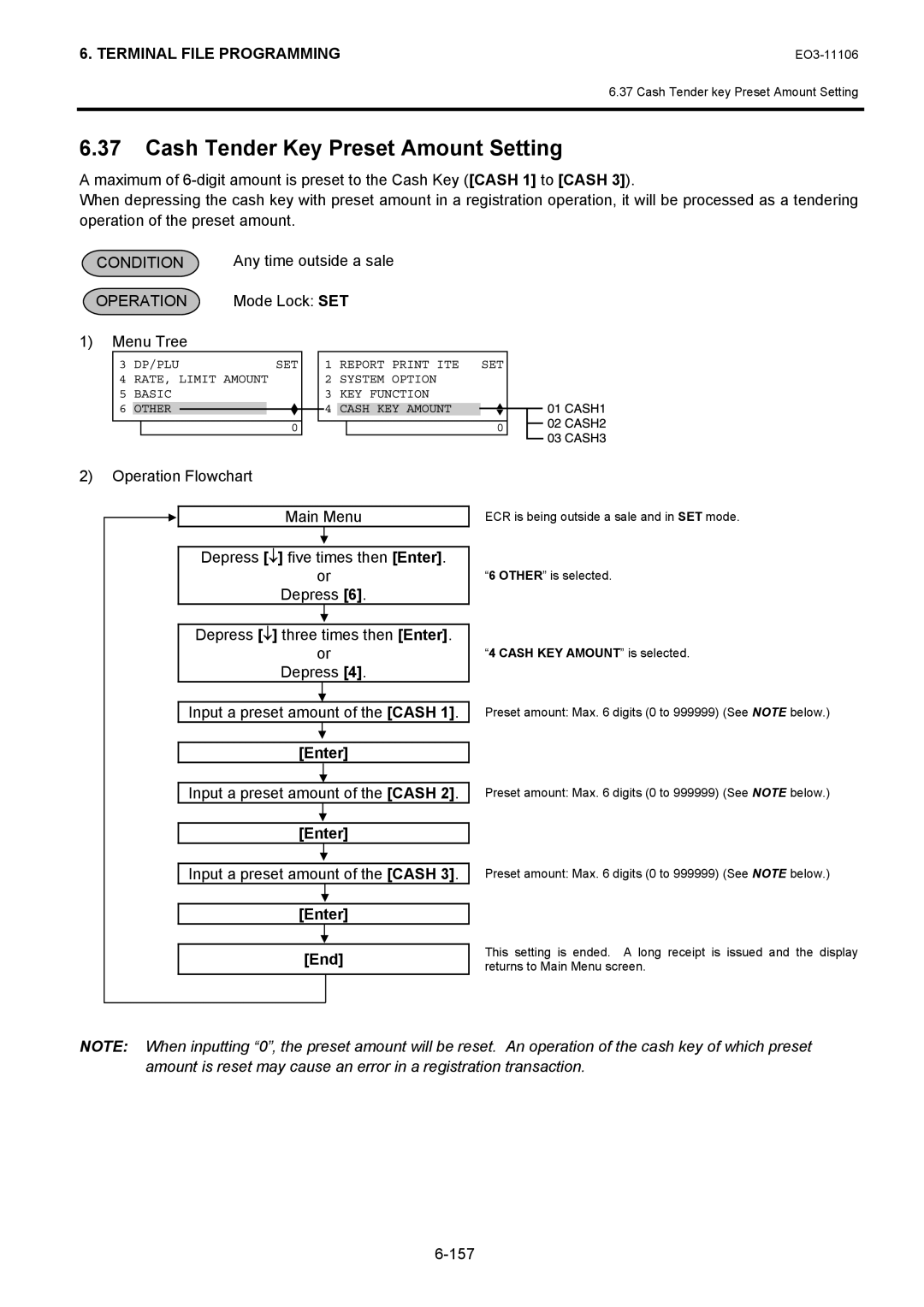 Toshiba MA-600 manual Cash Tender Key Preset Amount Setting, 157, Cash KEY Amount is selected 