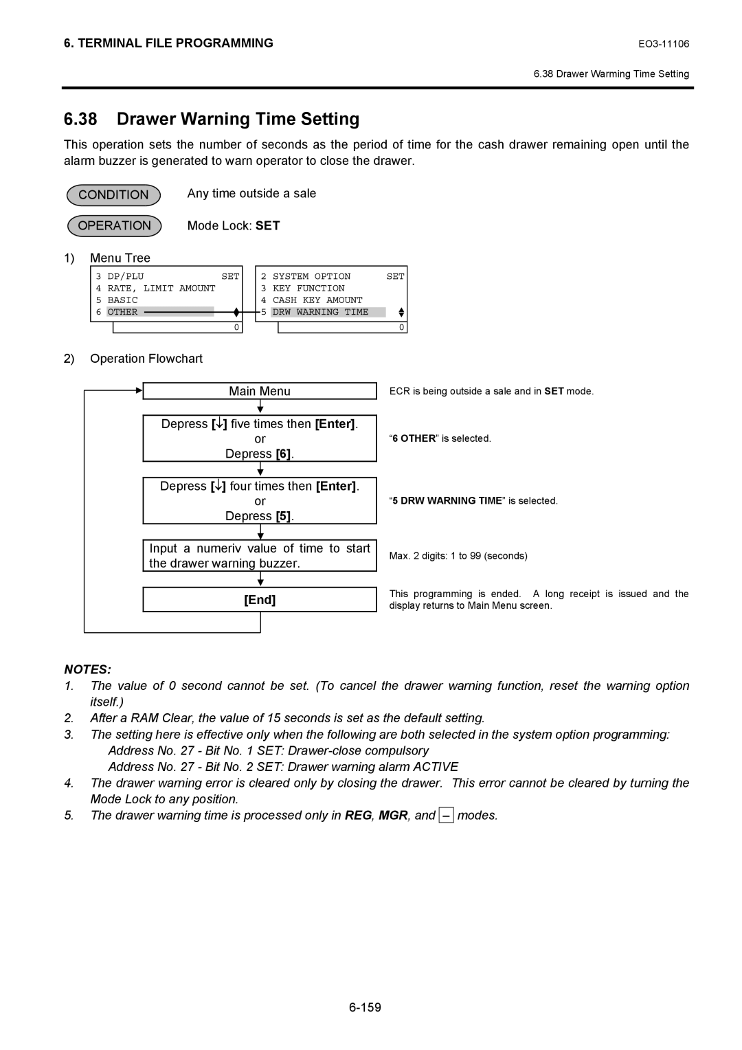 Toshiba MA-600 manual Drawer Warning Time Setting, 159, DRW Warning Time is selected 