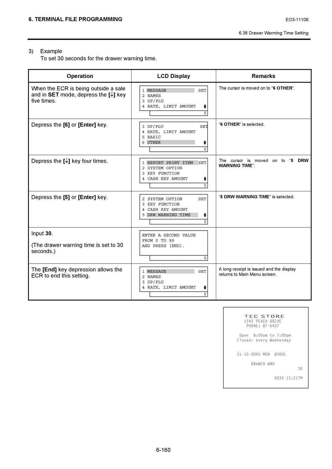 Toshiba MA-600 manual Example To set 30 seconds for the drawer warning time, 160 