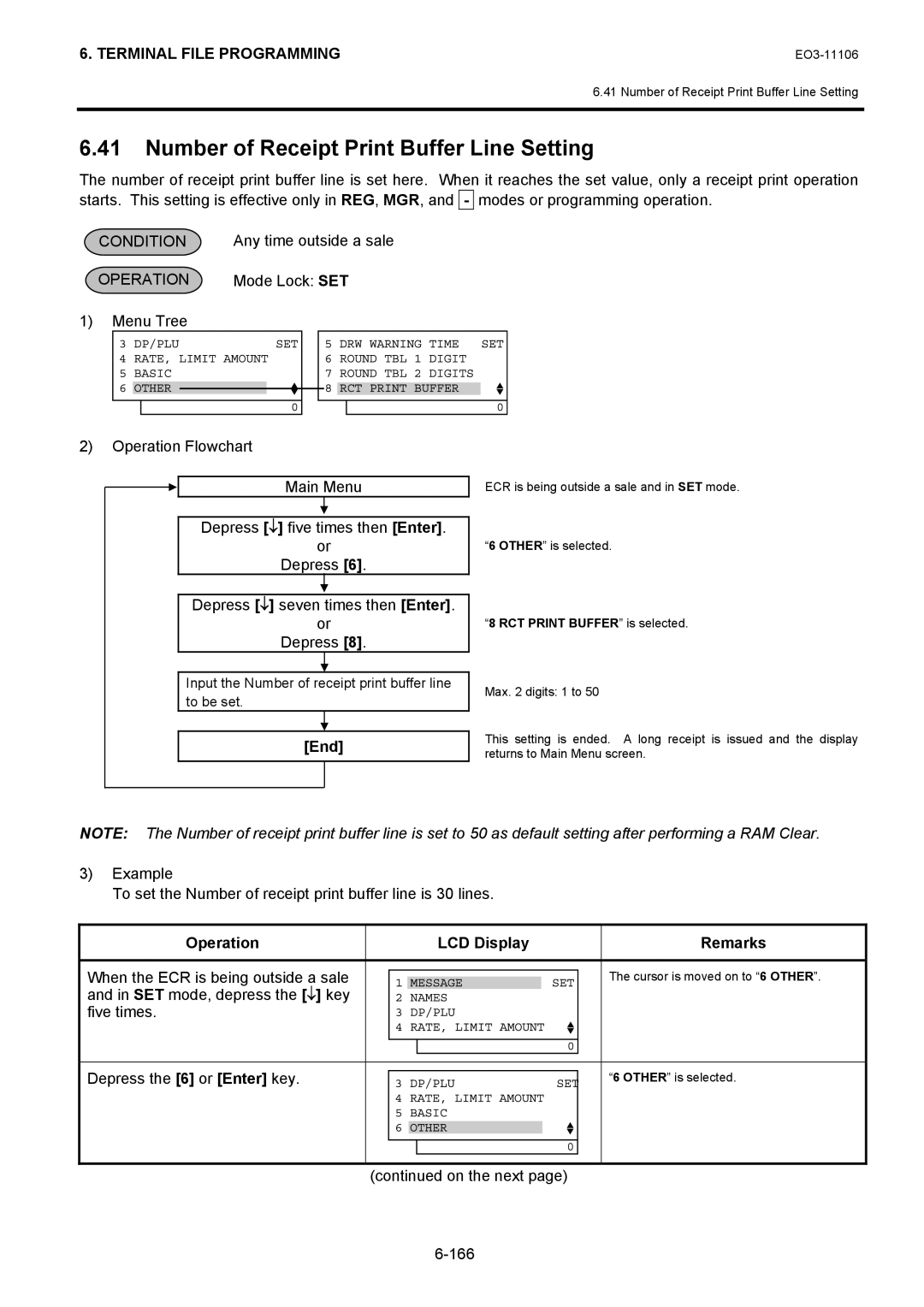 Toshiba MA-600 manual Number of Receipt Print Buffer Line Setting, On the next 166, RCT Print Buffer is selected 