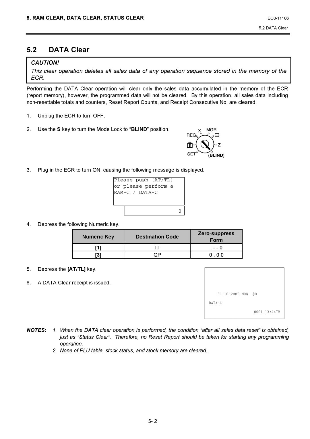 Toshiba MA-600 manual Data Clear, Depress the following Numeric key 