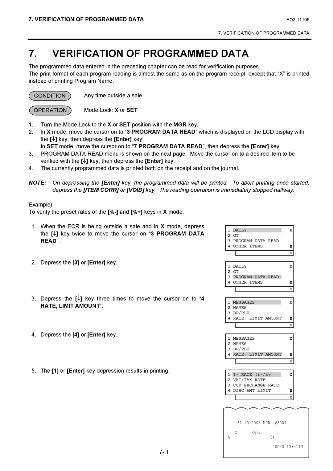 Toshiba MA-600 manual Verification of Programmed Data, Mode Lock X or SET 