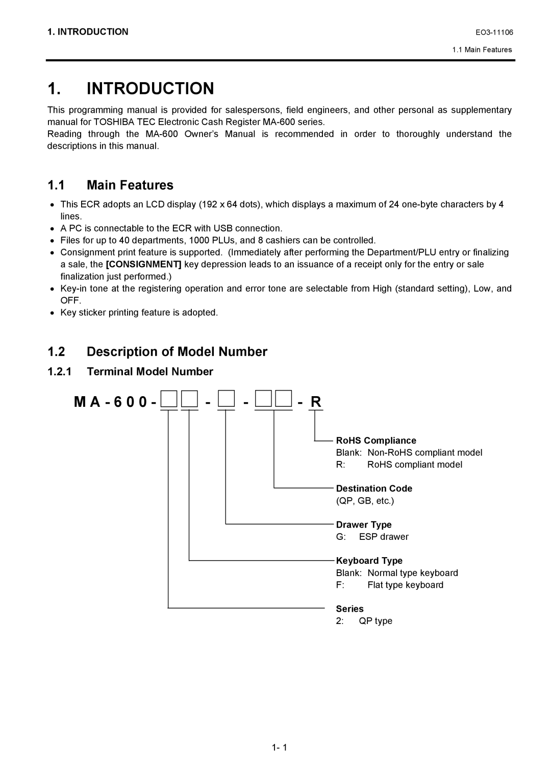 Toshiba MA-600 manual Main Features, Description of Model Number 