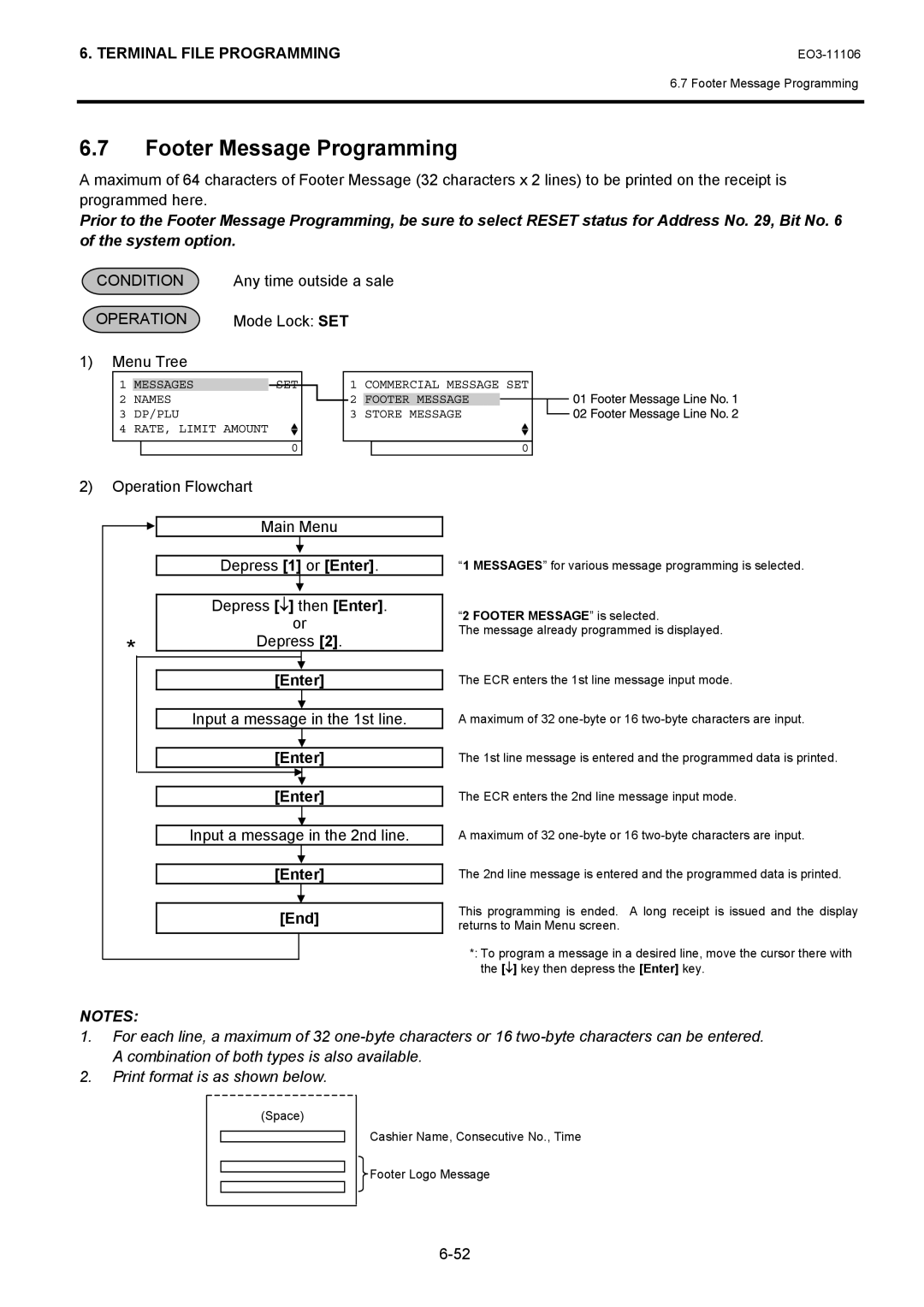 Toshiba MA-600 manual Footer Message Programming, Footer Message is selected 