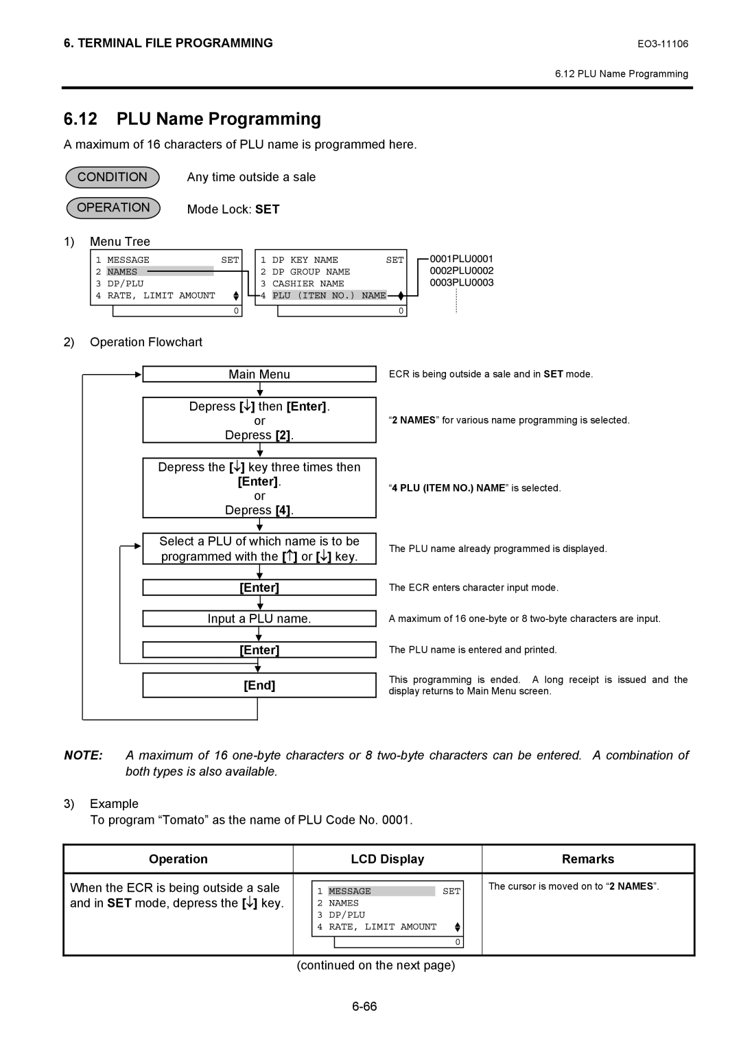 Toshiba MA-600 manual PLU Name Programming, Maximum of 16 characters of PLU name is programmed here, Input a PLU name 