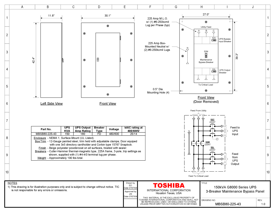 Toshiba MBSB80-225-43 manual Toshiba, Front View Left Side View Door Removed, 150kVA G8000 Series UPS 