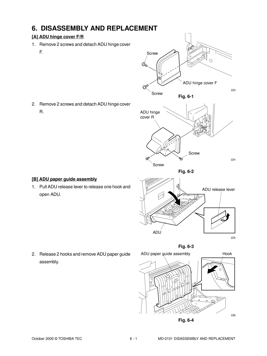 Toshiba MD-0101 manual Disassembly and Replacement, ADU hinge cover F/R, ADU paper guide assembly, Assembly 