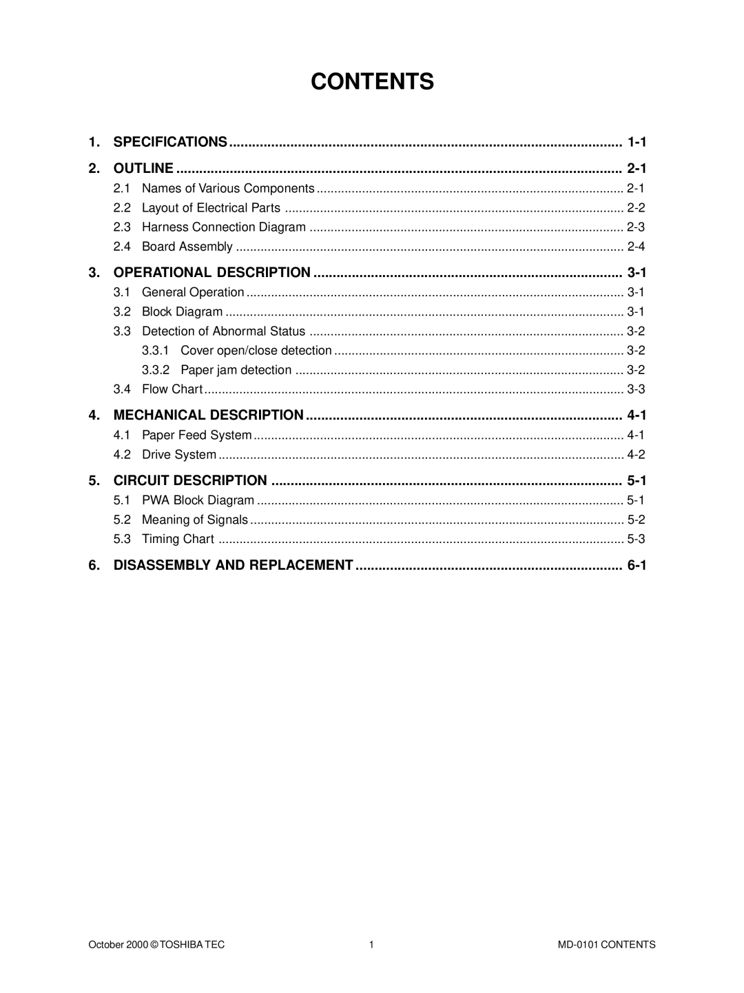 Toshiba MD-0101 manual Contents 