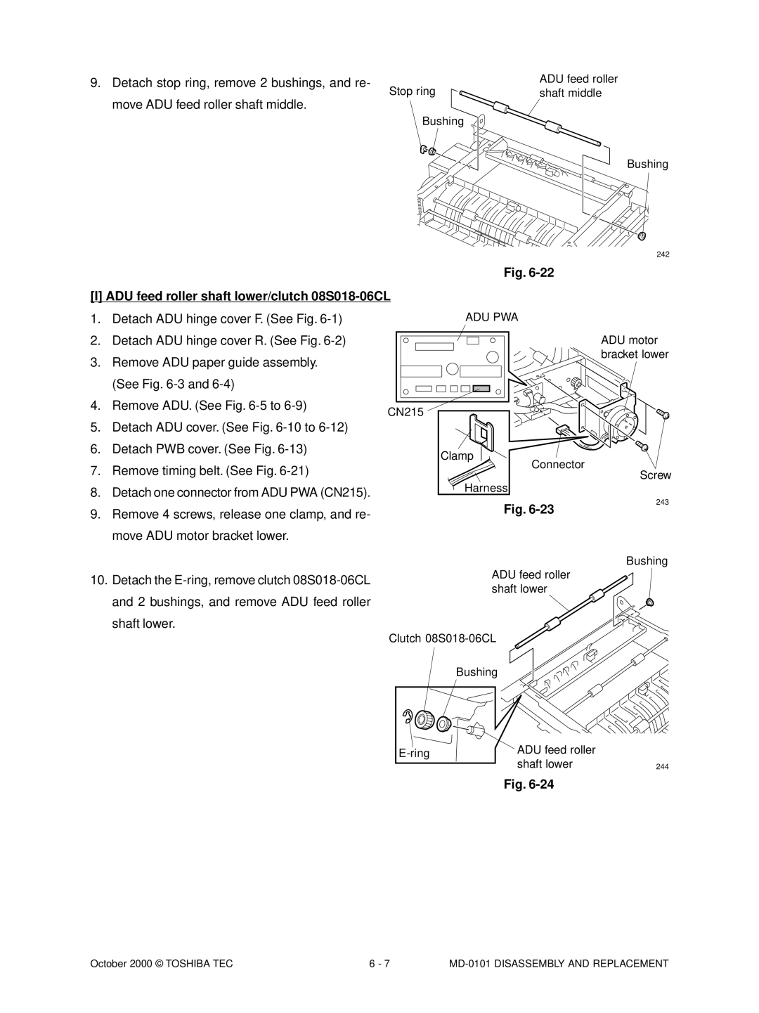 Toshiba MD-0101 manual ADU feed roller shaft lower/clutch 08S018-06CL, Remove timing belt. See Fig 