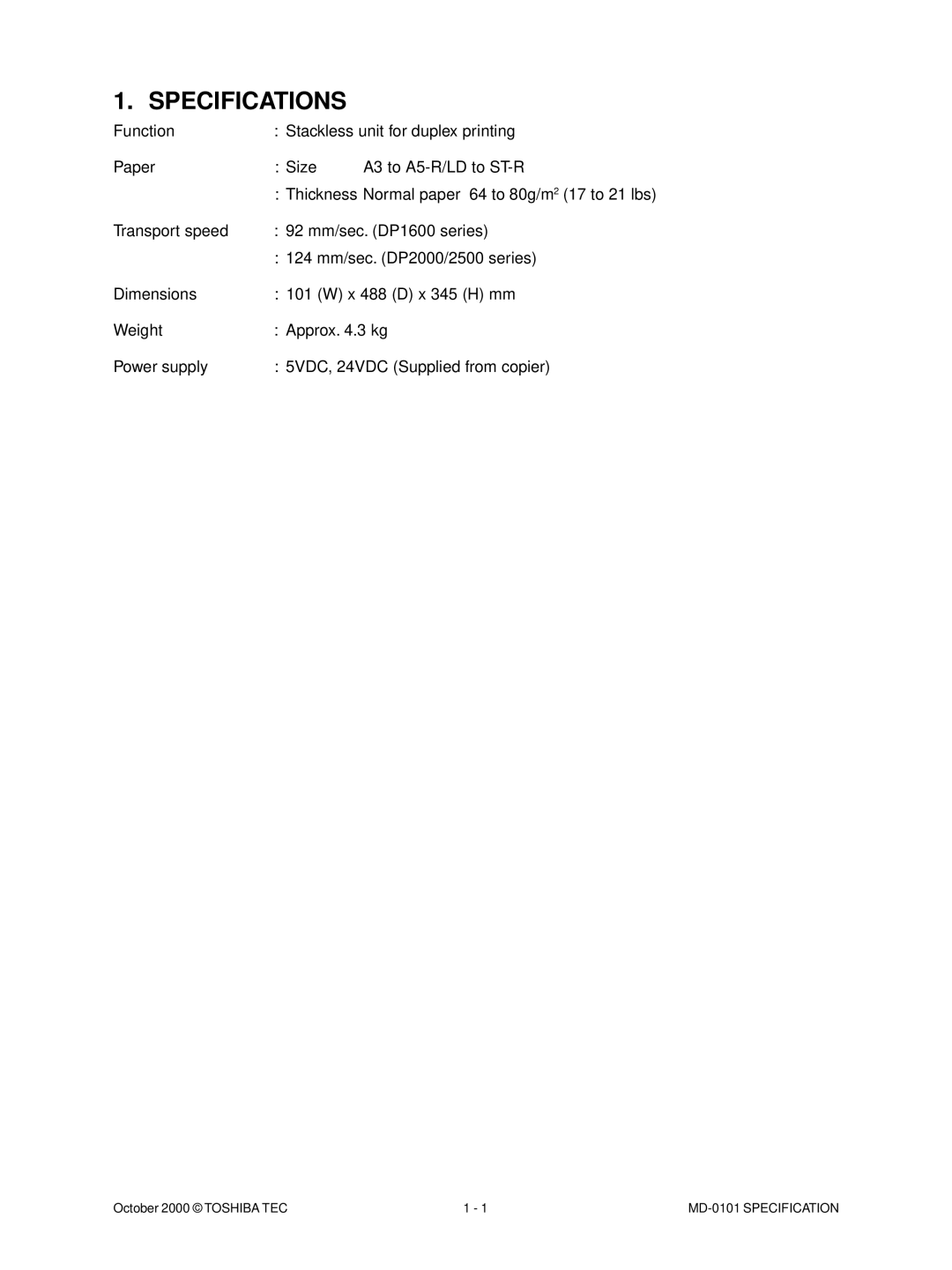 Toshiba MD-0101 manual Specifications 