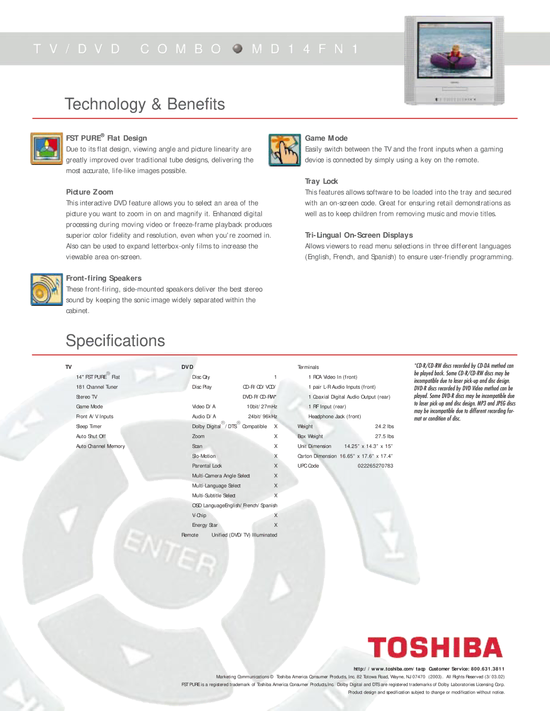 Toshiba MD 14FN1 manual Technology & Benefits, Specifications 