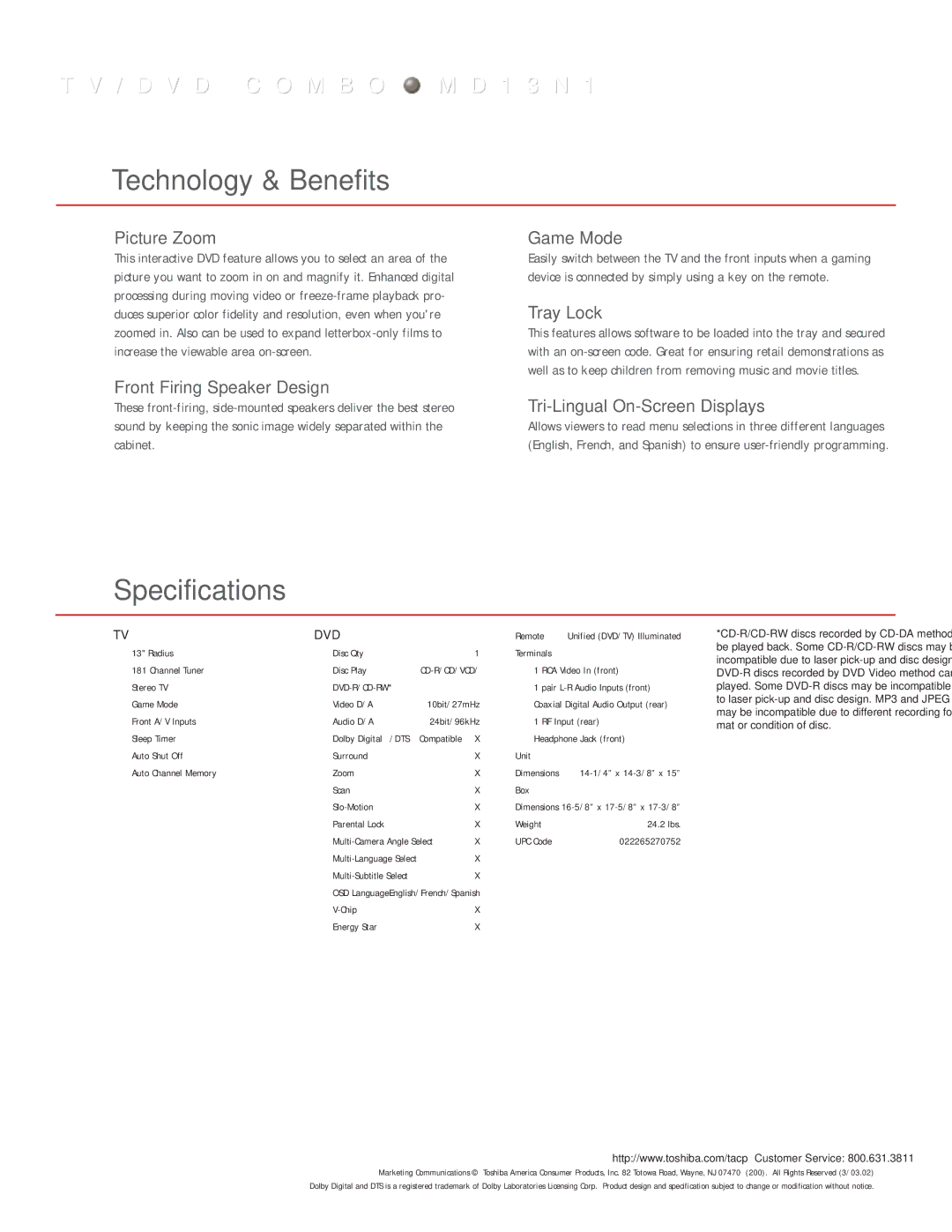 Toshiba MD13N1 manual Technology & Benefits, Specifications 