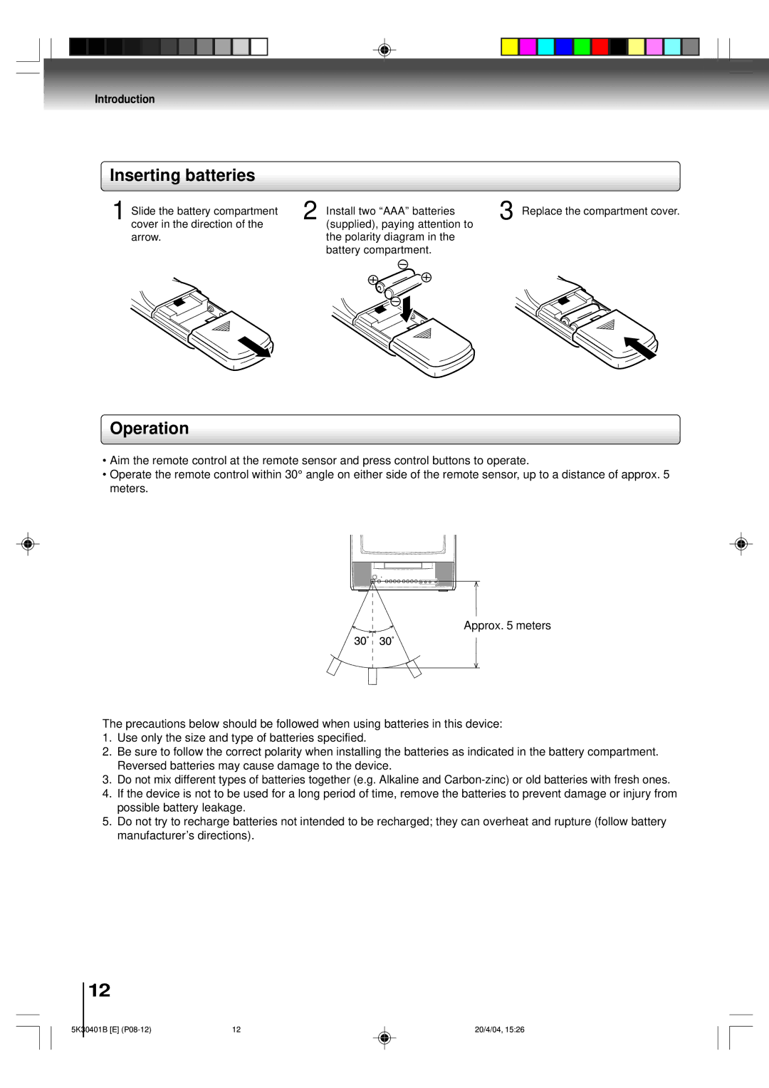 Toshiba MD13P1 owner manual Inserting batteries, Operation 