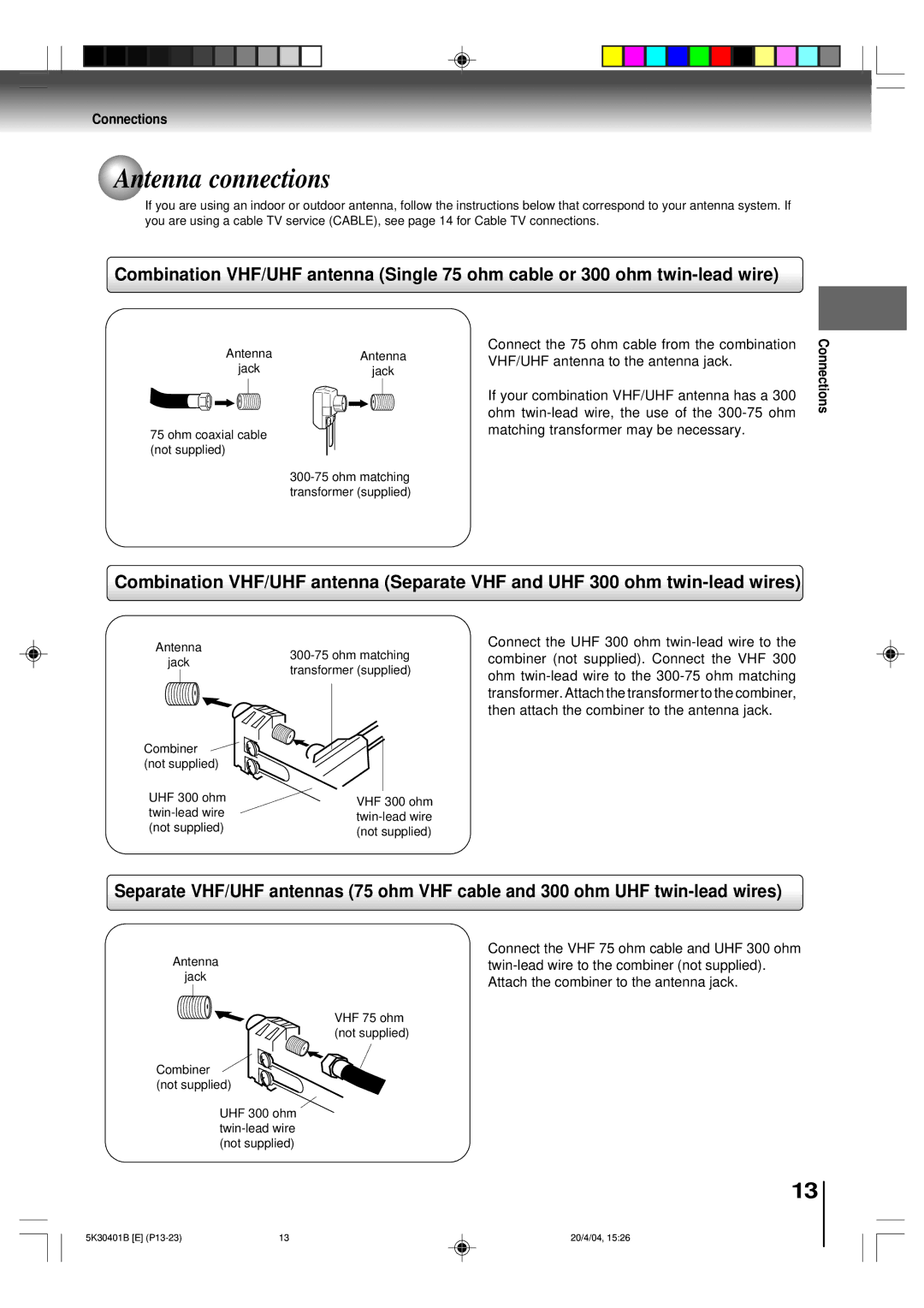 Toshiba MD13P1 owner manual Antenna connections, Connections 