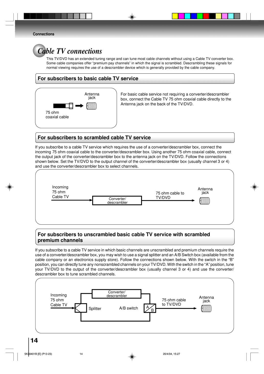 Toshiba MD13P1 owner manual Cable TV connections, For subscribers to basic cable TV service 