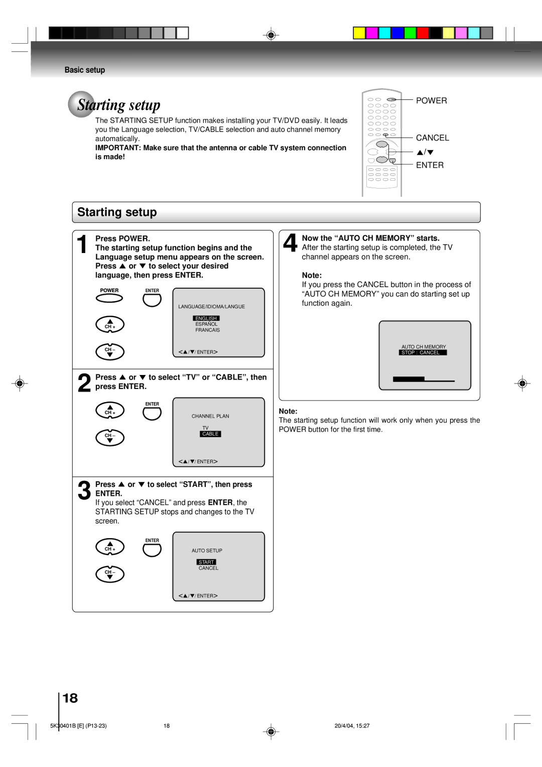 Toshiba MD13P1 owner manual Starting setup, Basic setup, Enter 