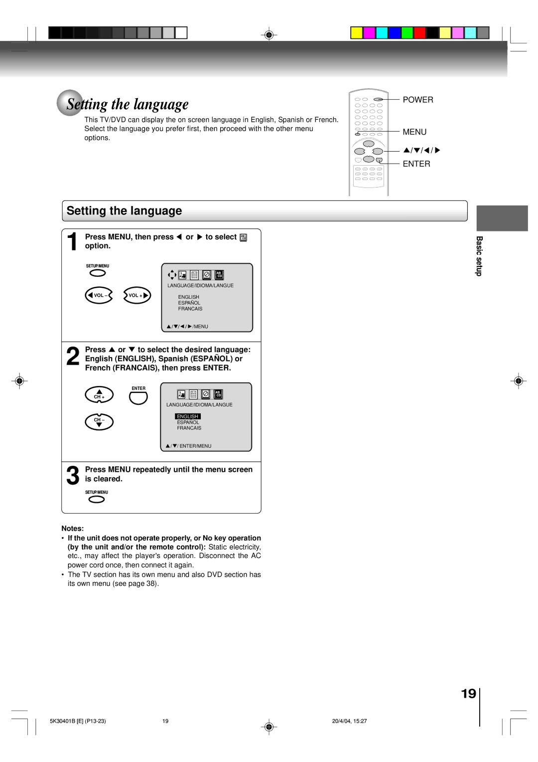 Toshiba MD13P1 owner manual Setting the language, Press MENU, then press or to select option, Basic setup 