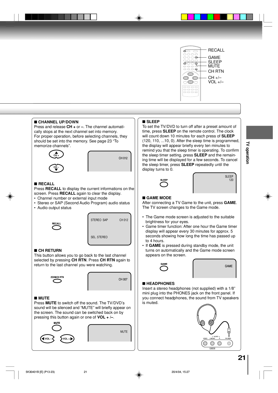 Toshiba MD13P1 owner manual Channel UP/DOWN, Sleep, Recall, CH Return, Mute, Game Mode, Headphones 