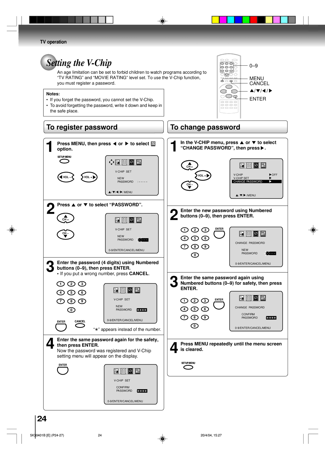 Toshiba MD13P1 owner manual Setting the V-Chip, To register password, To change password, Press or to select Password 