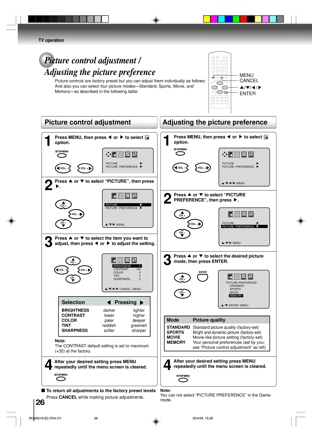 Toshiba MD13P1 owner manual Picture control adjustment Adjusting the picture preference, Mode Picture quality 