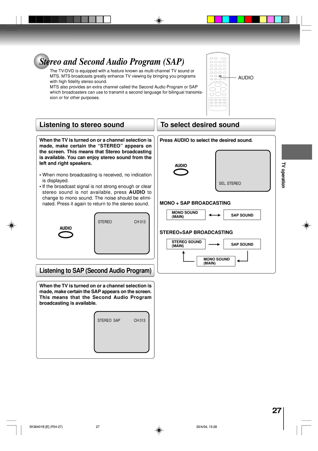 Toshiba MD13P1 owner manual Stereo and Second Audio Program SAP, Listening to stereo sound, To select desired sound 