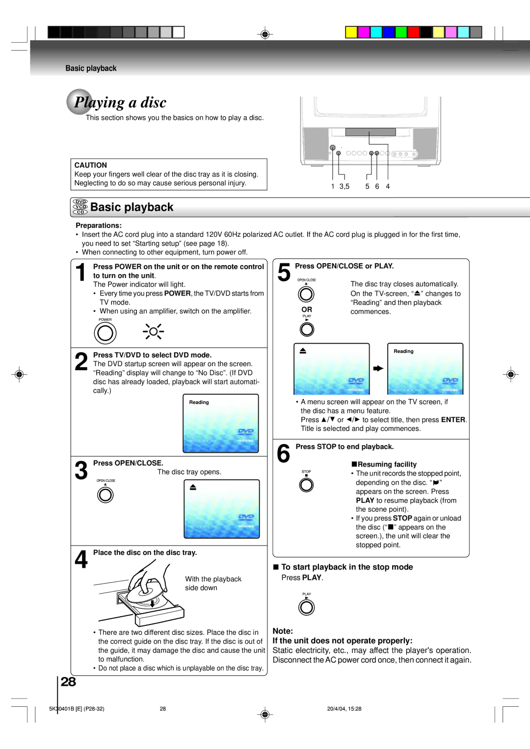 Toshiba MD13P1 owner manual Playing a disc, Vcdcd Basic playback, If the unit does not operate properly 