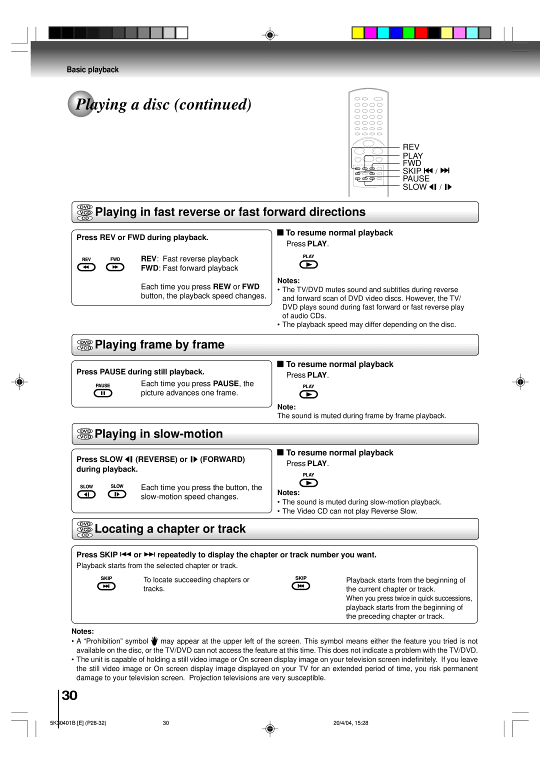 Toshiba MD13P1 owner manual VCD Playing in fast reverse or fast forward directions, Vcddvd Playing frame by frame 