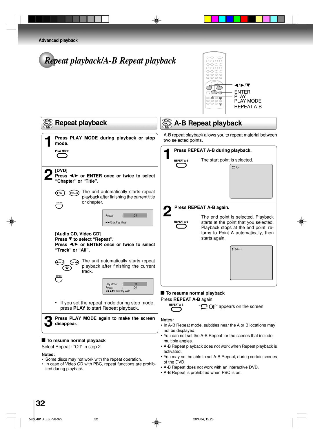 Toshiba MD13P1 owner manual Repeat playback/A-B Repeat playback, VCD Repeat playback, VCD A-B Repeat playback 