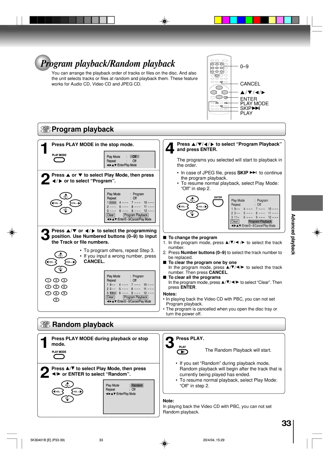 Toshiba MD13P1 owner manual Program playback/Random playback, Vcdcd Program playback, VCD Random playback 