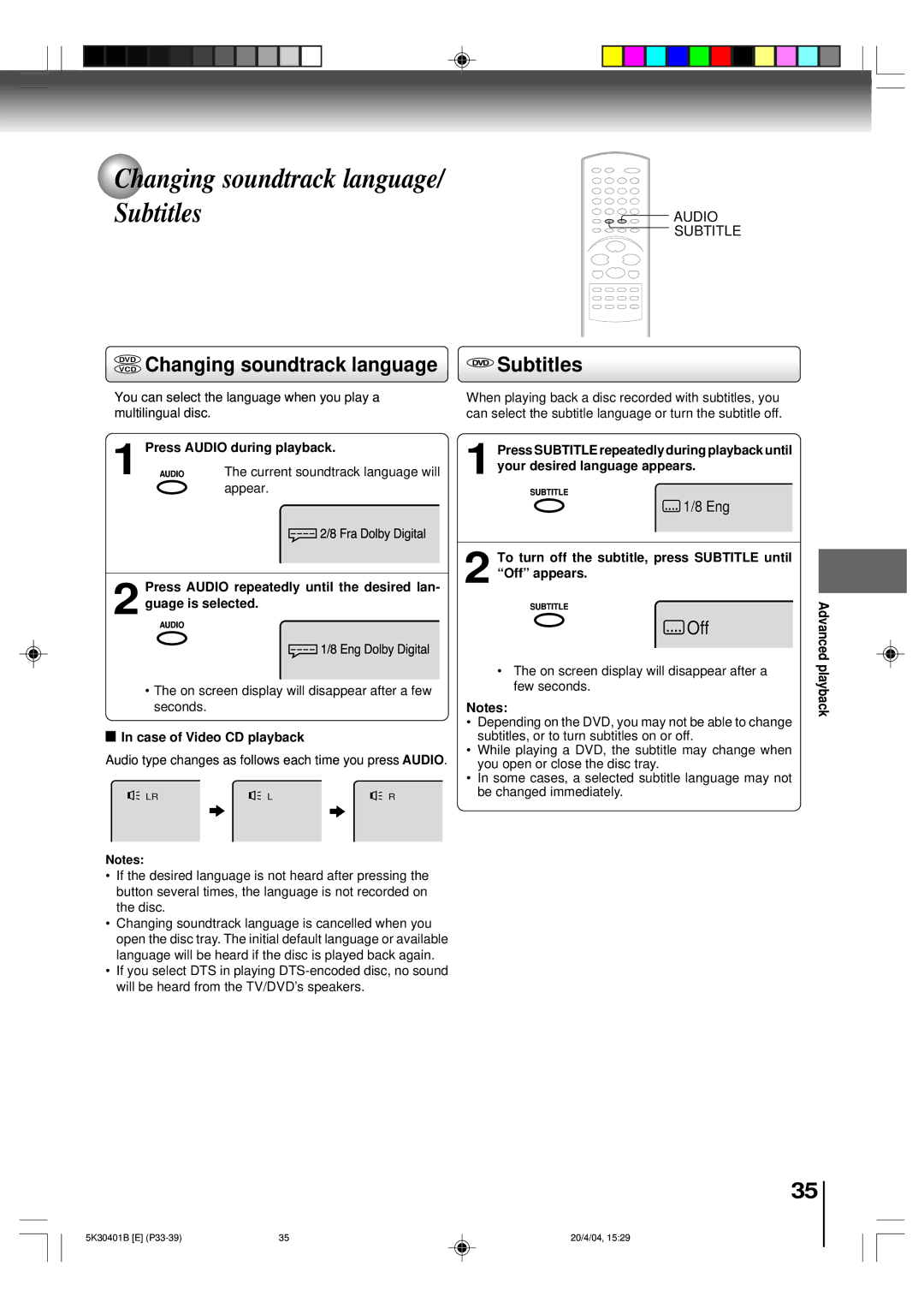 Toshiba MD13P1 owner manual Changing soundtrack language/ Subtitles, DVD Changing soundtrack language 