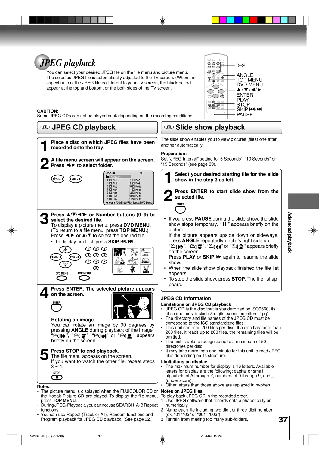 Toshiba MD13P1 owner manual Jpeg playback, CD Jpeg CD playback, Press ENTER. The selected picture appears On the screen 